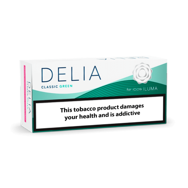 DELIA Classic Green heatsticks for IQOS Iluma, refreshing flavor, green packaging