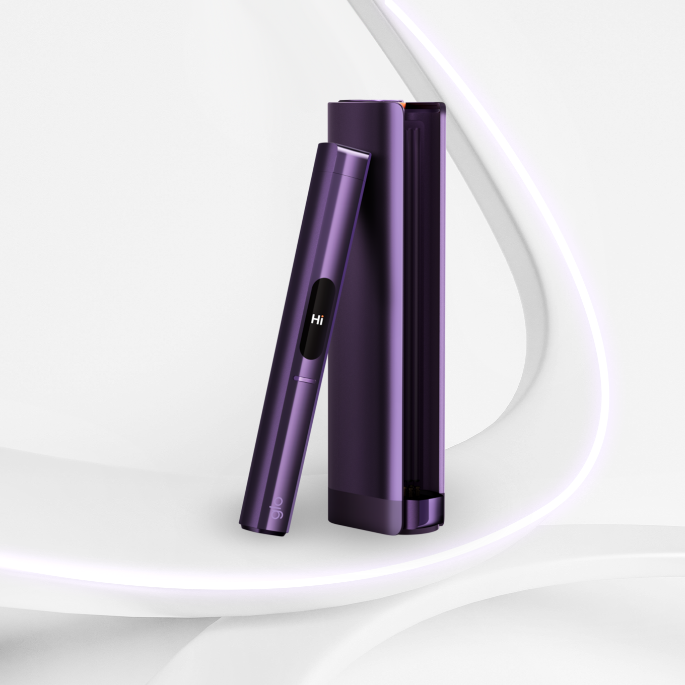 Glo Hilo Plus Amethyst device front view with charging case in purple design