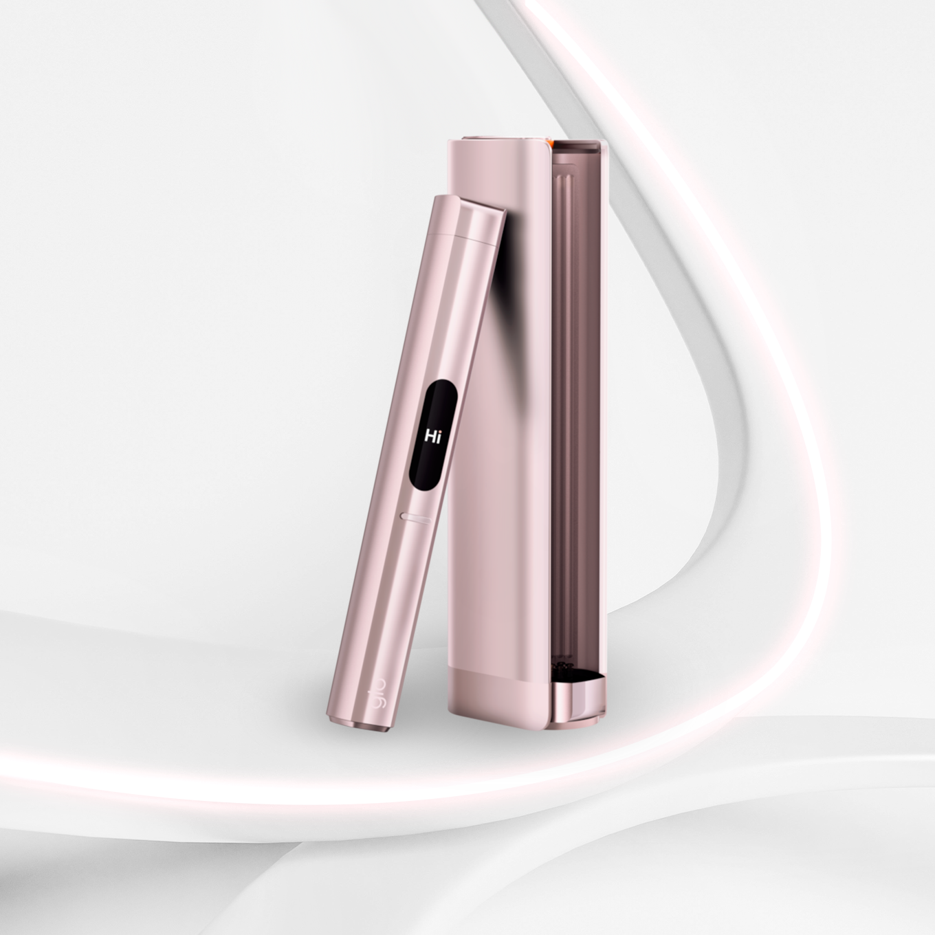Glo Hilo Plus Coral device front view with charging case in coral pink design
