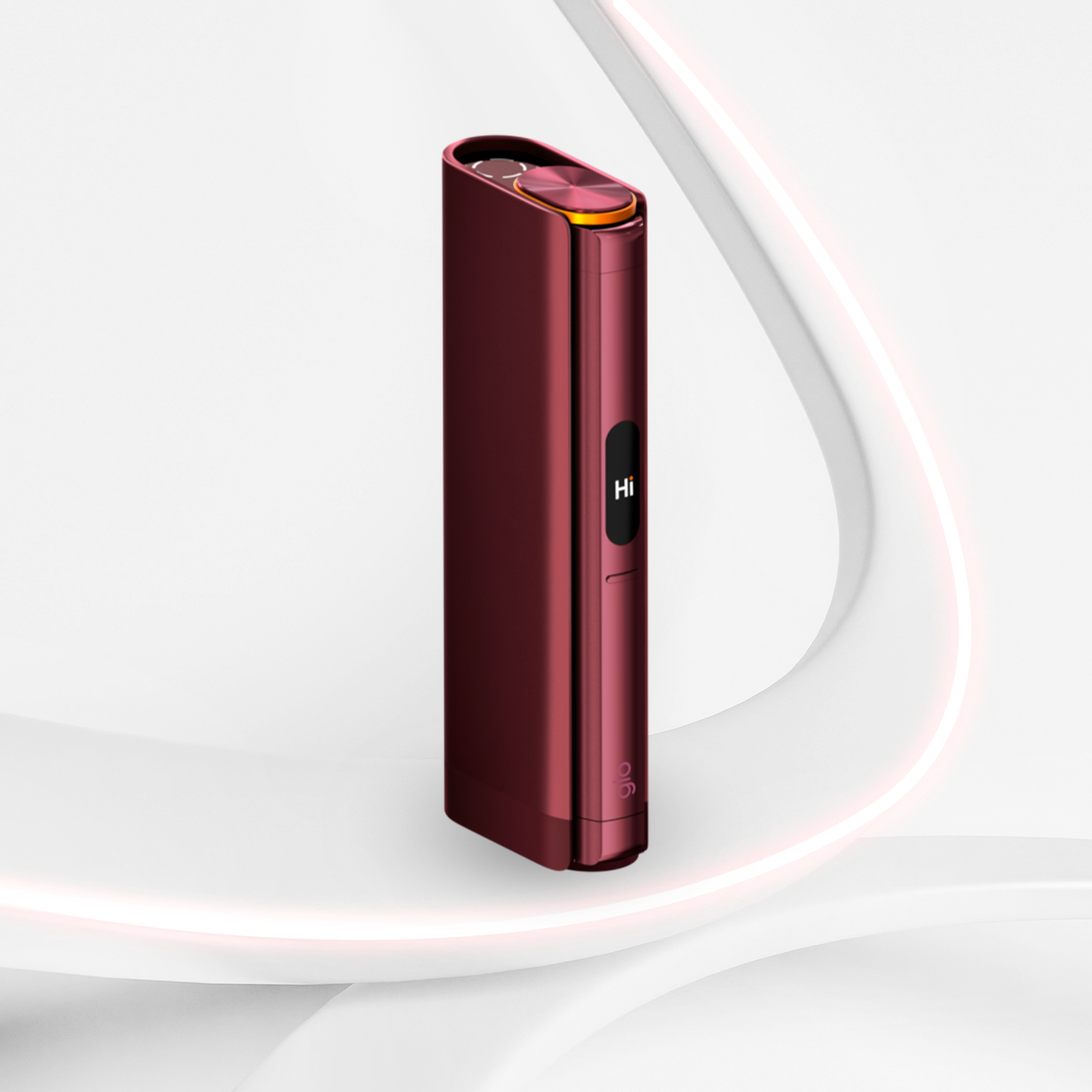Glo Hilo Plus Ruby side view with EasyView touchscreen and heating pen