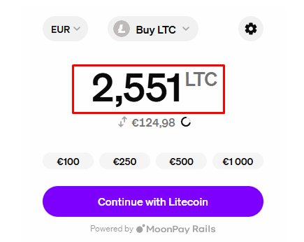 Entering LTC amount on MoonPay