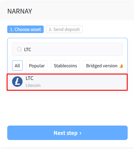 Select Litecoin (LTC) as the payment asset