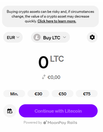 MoonPay purchase screen