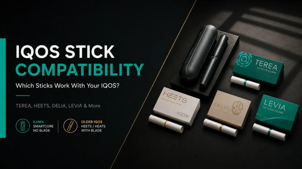 IQOS stick compatibility guide showing ILUMA with TEREA and older IQOS devices with HEETS