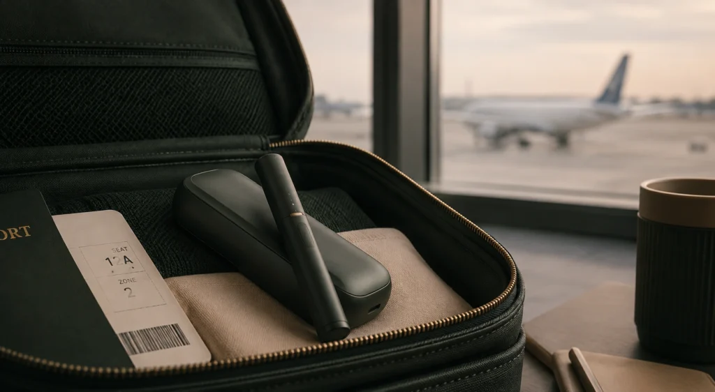 IQOS device packed in carry-on luggage beside an airplane boarding pass