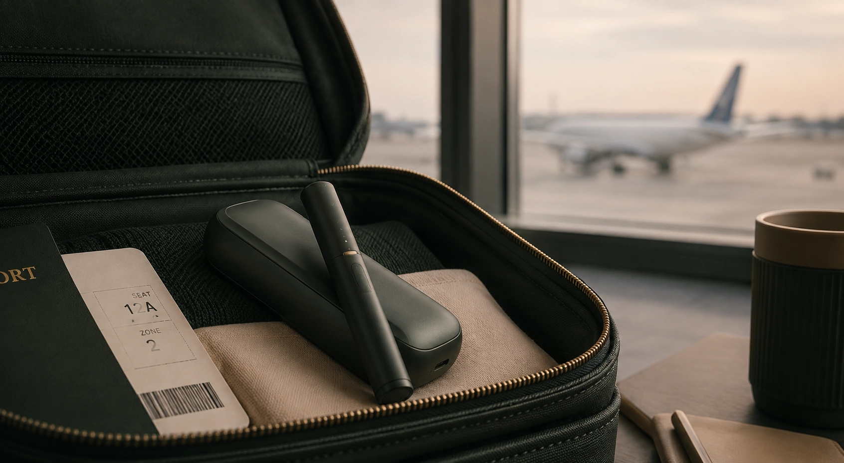 IQOS device packed in carry-on luggage beside an airplane boarding pass