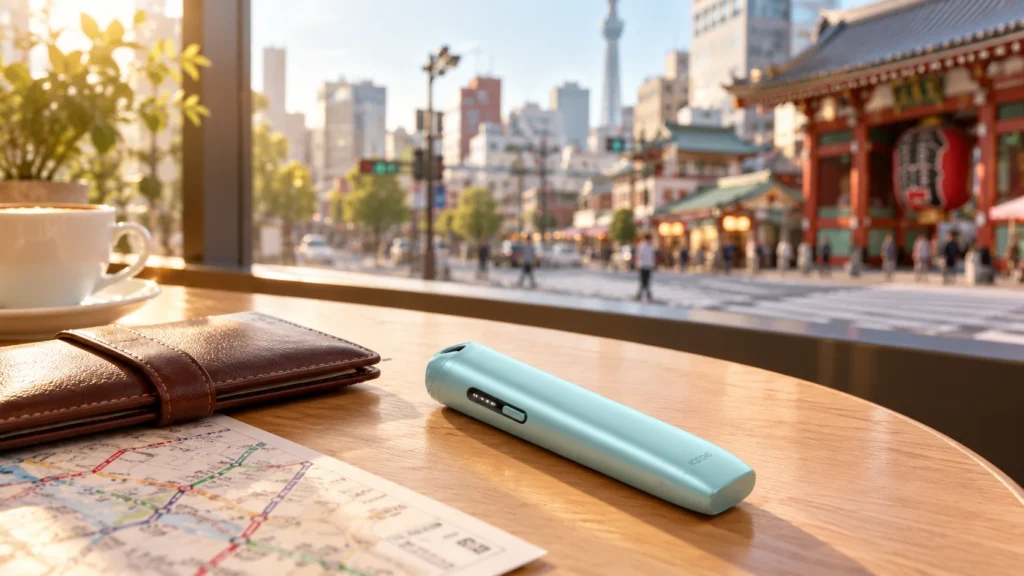 Breeze Blue IQOS ILUMA i ONE on a café table beside a Tokyo transit map, with a Tokyo street in the background.