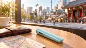 Breeze Blue IQOS ILUMA i ONE on a café table beside a Tokyo transit map, with a Tokyo street in the background.
