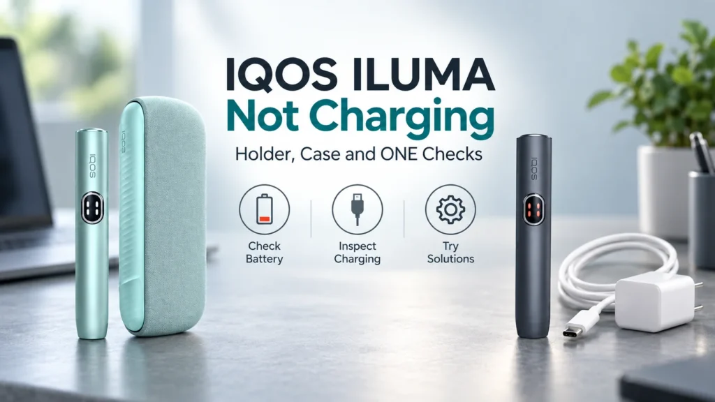 IQOS ILUMA holder, pocket charger and ILUMA ONE with charging cable for troubleshooting charging issues