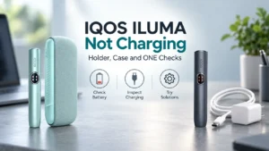 IQOS ILUMA holder, pocket charger and ILUMA ONE with charging cable for troubleshooting charging issues