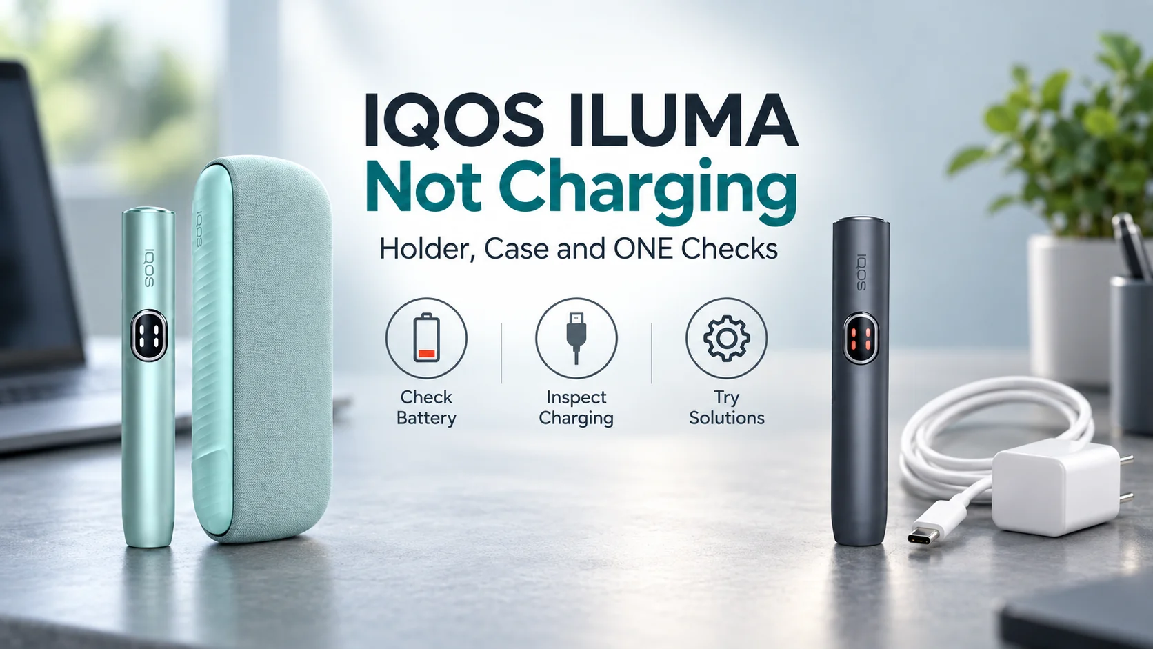 IQOS ILUMA holder, pocket charger and ILUMA ONE with charging cable for troubleshooting charging issues