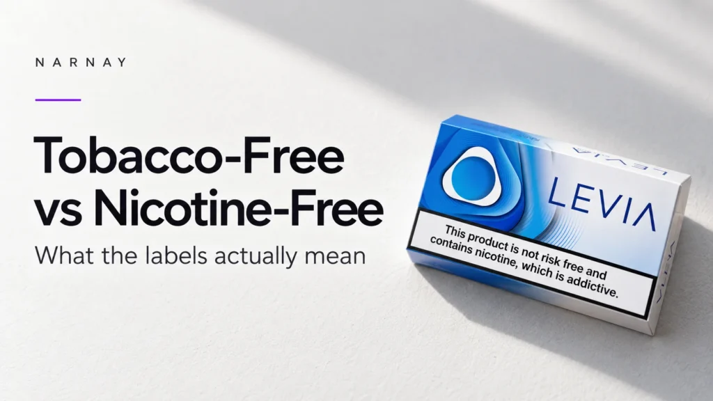 LEVIA tobacco-free sticks packaging with a nicotine warning, illustrating the difference between tobacco-free and nicotine-free products.