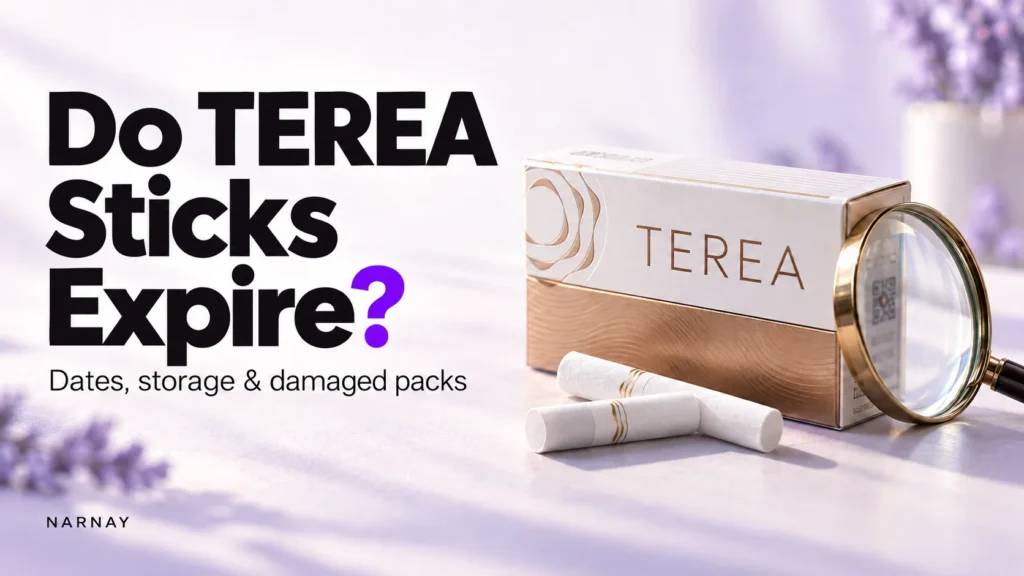 TEREA pack and sticks beside a magnifying glass, illustrating a guide to expiry dates and storage.
