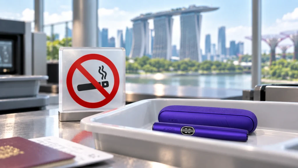 Turquoise IQOS ILUMA device at Singapore customs beside a red prohibition sign