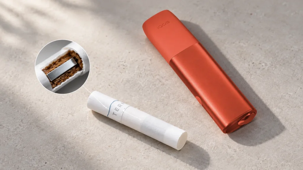 TEREA stick beside a red IQOS ILUMA i ONE, with a magnified illustration of the metal heating element inside the stick