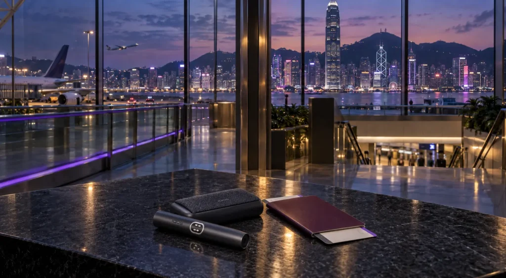IQOS ILUMA i PRIME Midnight Black holder and pocket charger beside a passport in an editorial airport and Hong Kong skyline scene