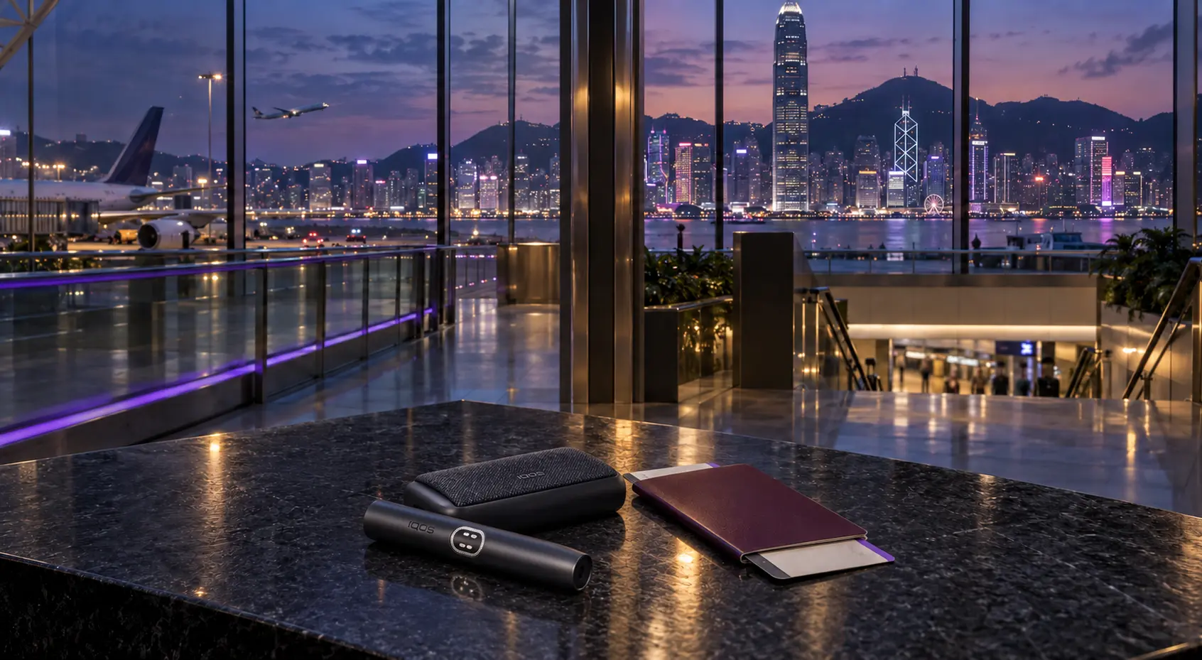 IQOS ILUMA i PRIME Midnight Black holder and pocket charger beside a passport in an editorial airport and Hong Kong skyline scene