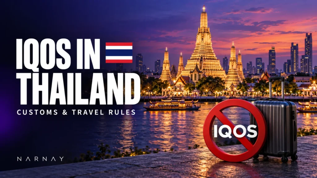Bangkok’s Wat Arun at sunset with a suitcase and an IQOS prohibition sign illustrating travel restrictions in Thailand.