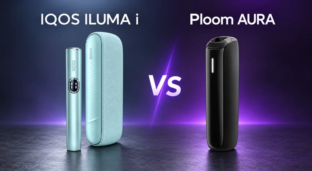 IQOS ILUMA i holder and pocket charger in Breeze Blue beside a black Ploom AURA on a dark purple background.