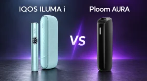 IQOS ILUMA i holder and pocket charger in Breeze Blue beside a black Ploom AURA on a dark purple background.