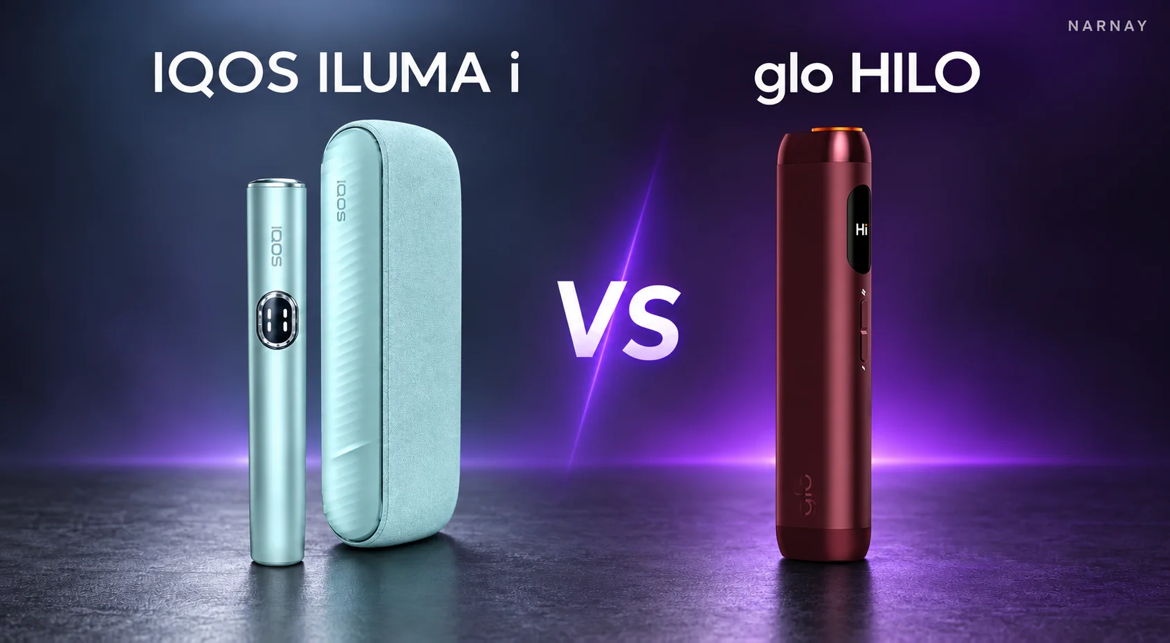 glo HILO and IQOS ILUMA i on a dark surface with purple lighting.