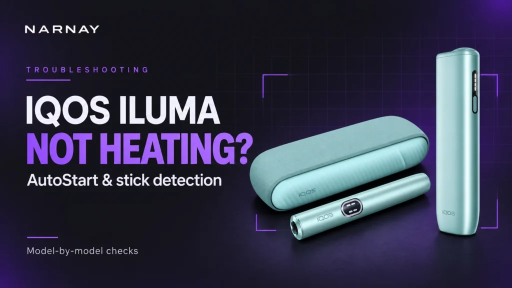 IQOS ILUMA i with its charging case beside ILUMA i ONE, with the heading “Not Heating” on a dark purple background.