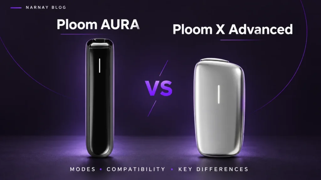 Black Ploom AURA and silver Ploom X Advanced devices side by side on a dark purple background.