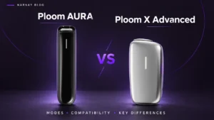 Black Ploom AURA and silver Ploom X Advanced devices side by side on a dark purple background.