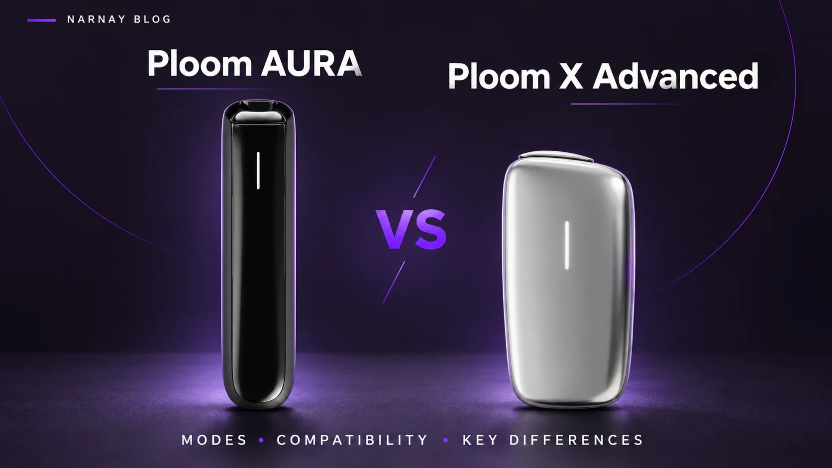Black Ploom AURA and silver Ploom X Advanced devices side by side on a dark purple background.