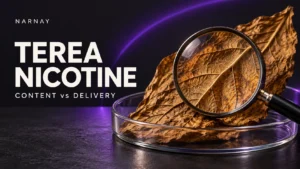 Tobacco leaf under a magnifying glass, illustrating TEREA nicotine content and delivery on a dark purple background.