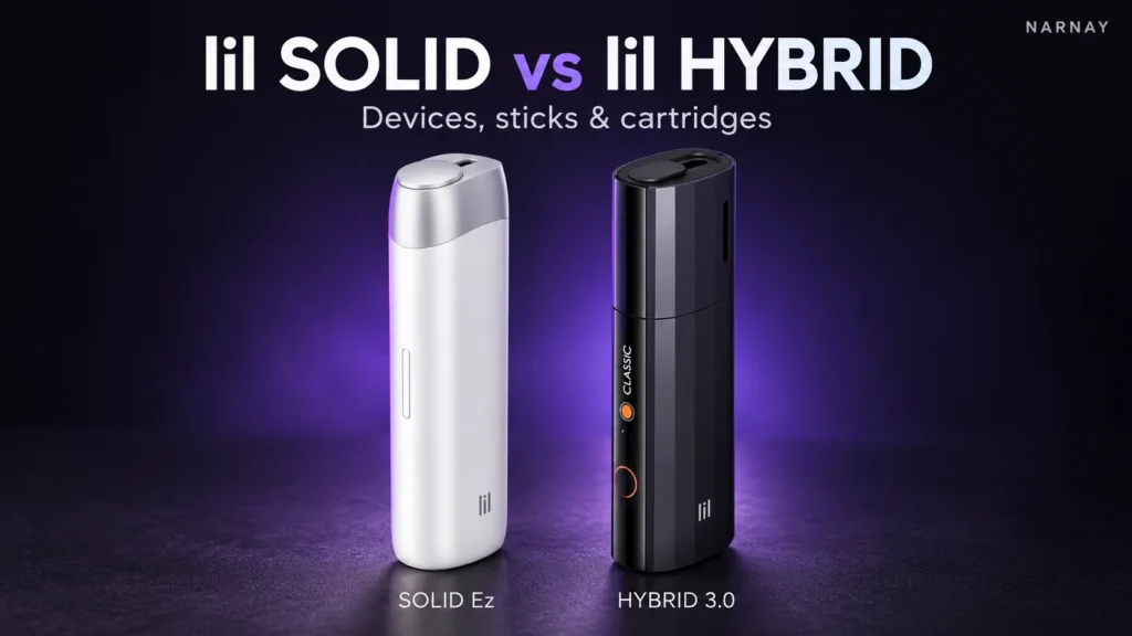 White lil SOLID Ez and black lil HYBRID 3.0 devices side by side on a dark surface with purple lighting.